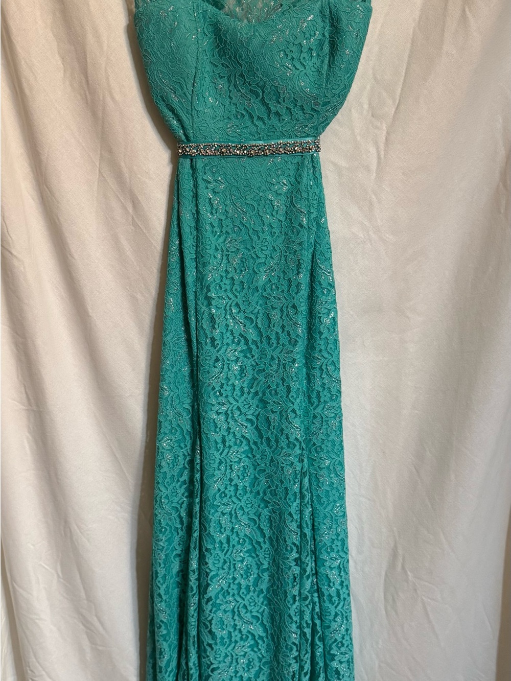 Sequin Hearts Teal Lace Maxi Dress with Jeweled Belt